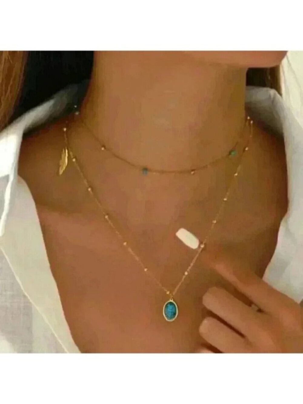 Faux Larimar stone Pendant & feather charm in a Layered 18k Gold Filled …